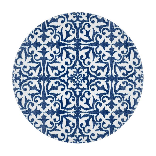 Ikat damask pattern - Cobalt Blue and White Cutting Board (Front)