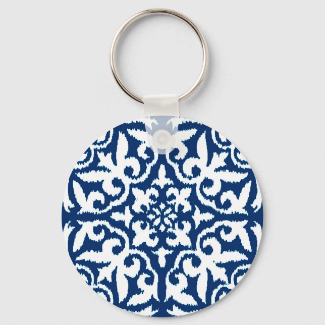 Ikat damask pattern - Cobalt Blue and White Key Ring (Front)