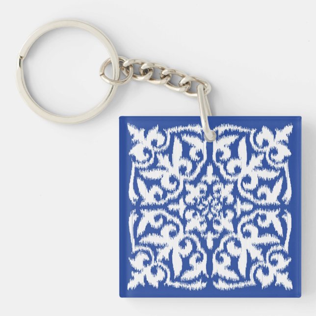 Ikat damask pattern - cobalt blue and white key ring (Front)