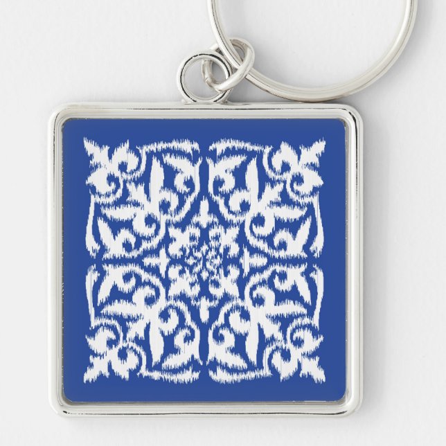 Ikat damask pattern - cobalt blue and white key ring (Front)