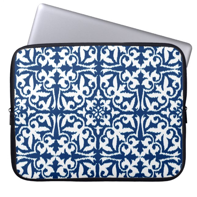 Ikat damask pattern - Cobalt Blue and White Laptop Sleeve (Front)