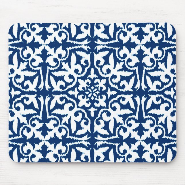 Ikat damask pattern - Cobalt Blue and White Mouse Mat (Front)