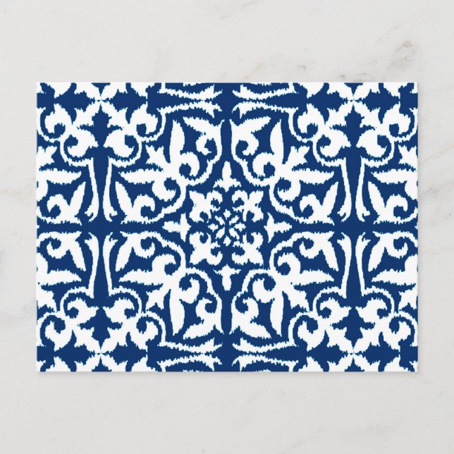 Ikat damask pattern - Cobalt Blue and White Postcard (Front)