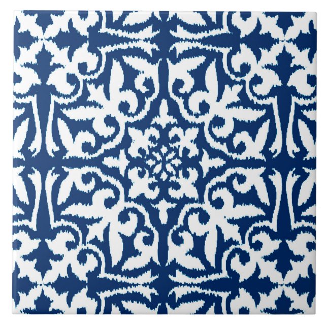 Ikat damask pattern - Cobalt Blue and White Tile (Front)