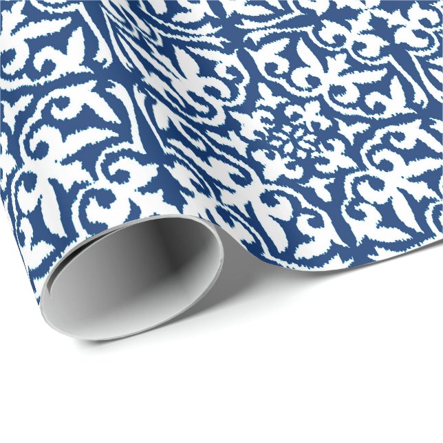 Ikat damask pattern - Cobalt Blue and White Wrapping Paper (Roll Corner)