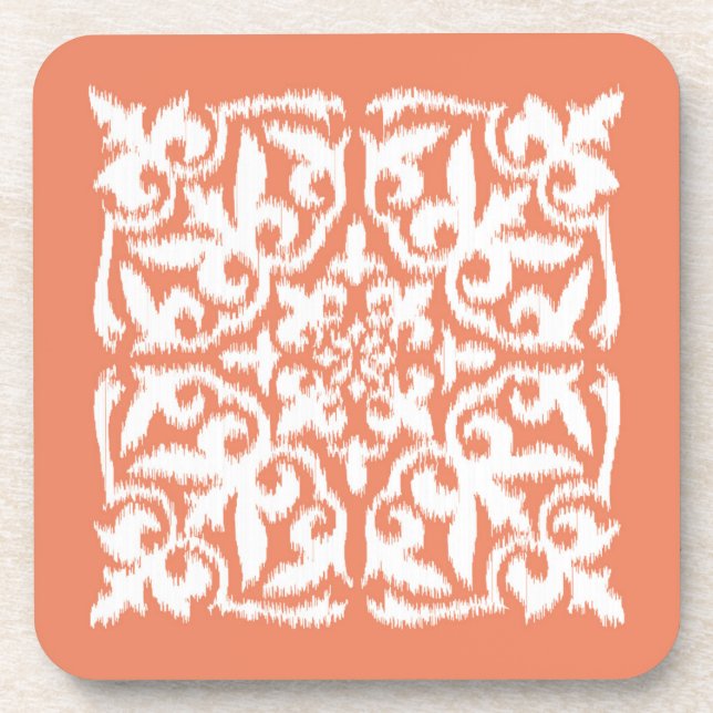 Ikat damask pattern - coral orange and white coaster (Front)