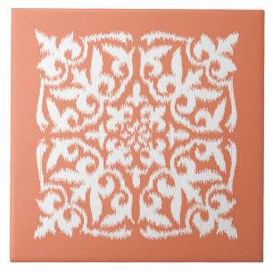 Ikat damask pattern - coral orange and white tile