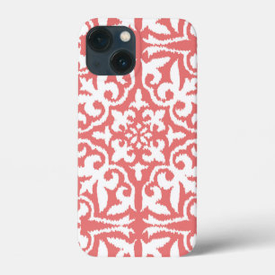Ikat damask pattern - Coral Pink and White iPhone 13 Mini Case