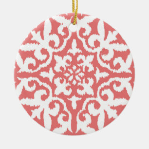 Ikat damask pattern - Coral Pink and White Ceramic Tree Decoration