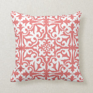 Ikat damask pattern - Coral Pink and White Cushion