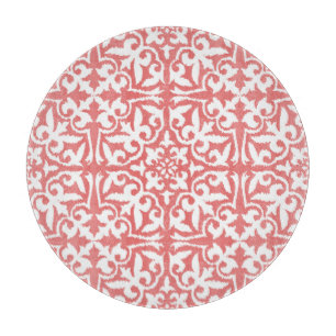 Ikat damask pattern - Coral Pink and White Cutting Board