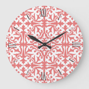 Ikat damask pattern - Coral Pink and White Large Clock