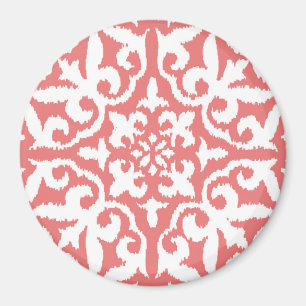 Ikat damask pattern - Coral Pink and White Magnet