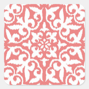 Ikat damask pattern - Coral Pink and White Square Sticker