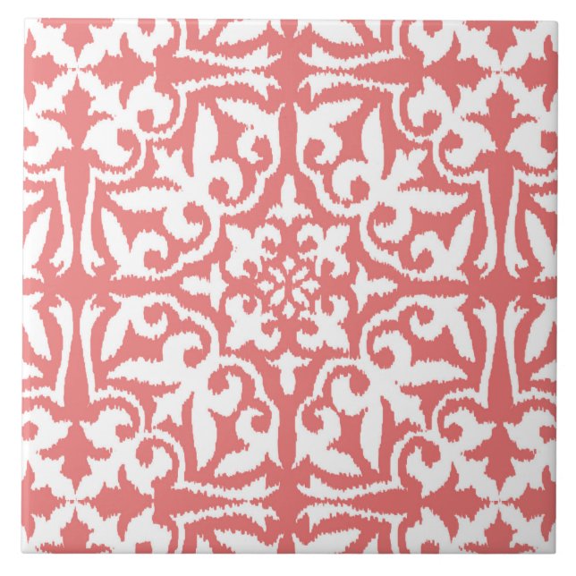 Ikat damask pattern - Coral Pink and White Tile (Front)