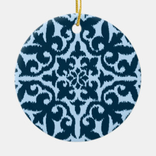 Ikat damask pattern - Dark Indigo and Light Blue Ceramic Tree Decoration