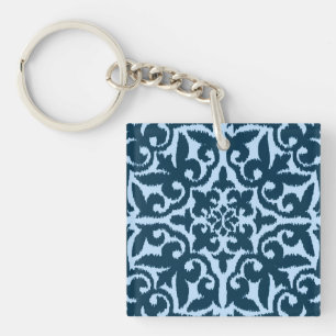 Ikat damask pattern - Dark Indigo and Light Blue Key Ring