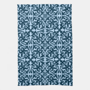 Ikat damask pattern - Dark Indigo and Light Blue Tea Towel