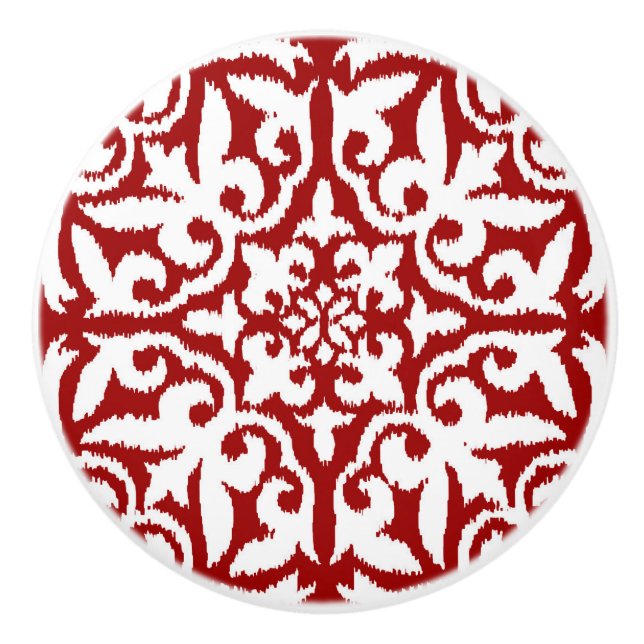 Ikat damask pattern - dark red and white ceramic knob (Front)