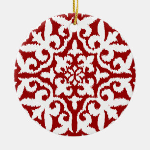 Ikat damask pattern - Dark Red and White Ceramic Tree Decoration