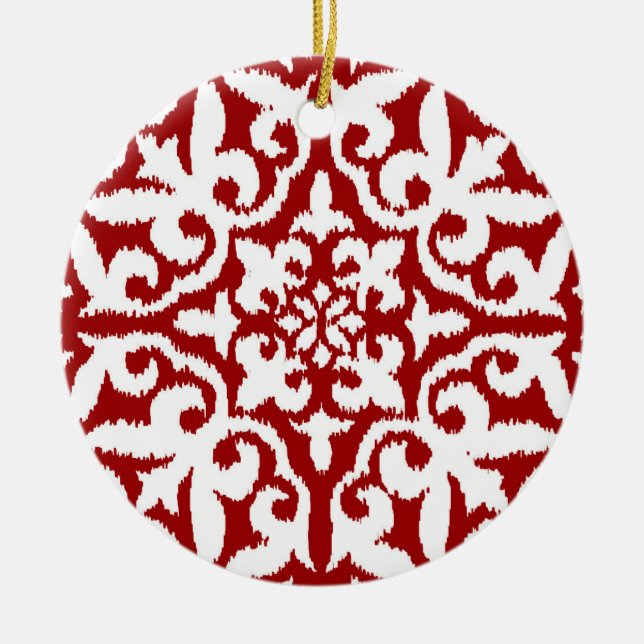 Ikat damask pattern - Dark Red and White Ceramic Tree Decoration (Front)