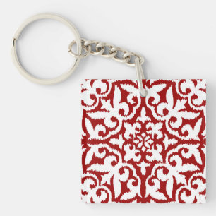 Ikat damask pattern - Dark Red and White Key Ring