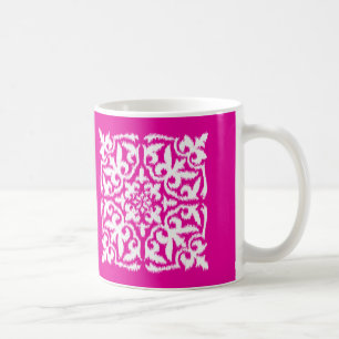 Ikat damask pattern - deep pink and white coffee mug