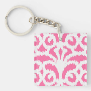 Ikat damask pattern - Fluorescent Pink Key Ring
