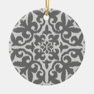 Ikat damask pattern - Light and Medium Grey Ceramic Tree Decoration