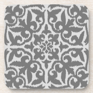Ikat damask pattern - Light and Medium Grey Coaster