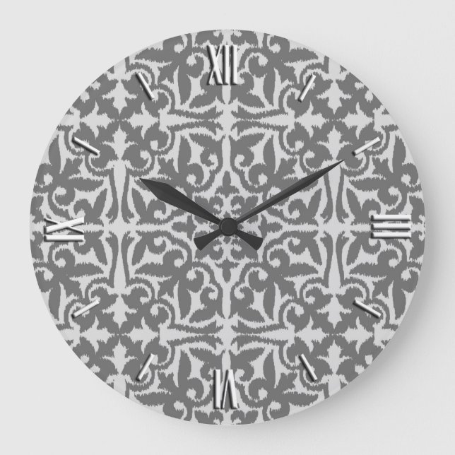 Ikat damask pattern - Light and Medium Grey Large Clock (Front)