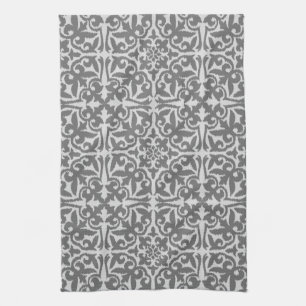 Ikat damask pattern - Light and Medium Grey Tea Towel