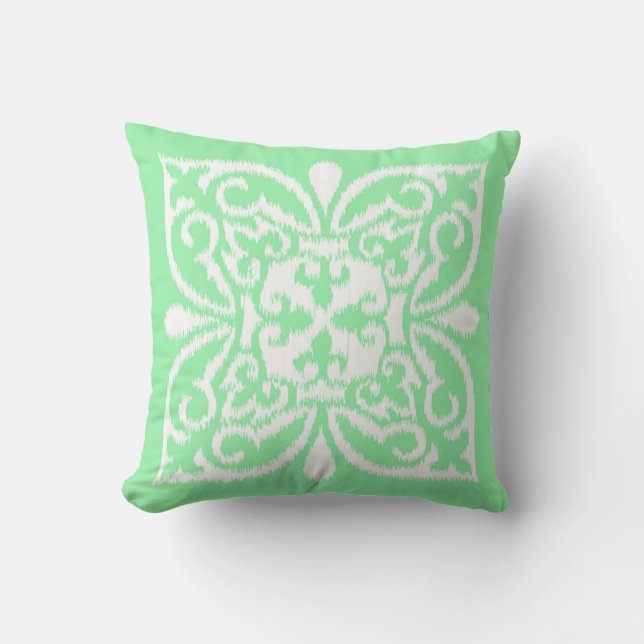 Ikat damask pattern - mint green and white cushion (Front)
