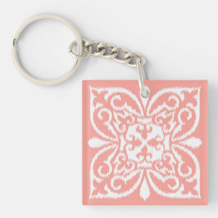Ikat damask pattern - peach pink and white key ring