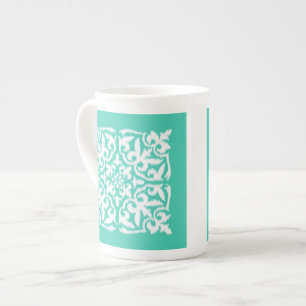 Ikat damask pattern - peacock blue and white bone china mug