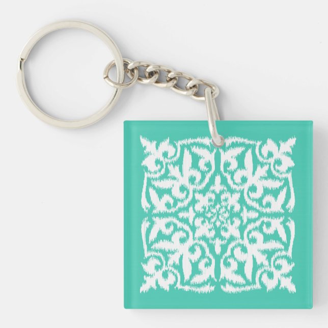 Ikat damask pattern - peacock blue and white key ring (Front)