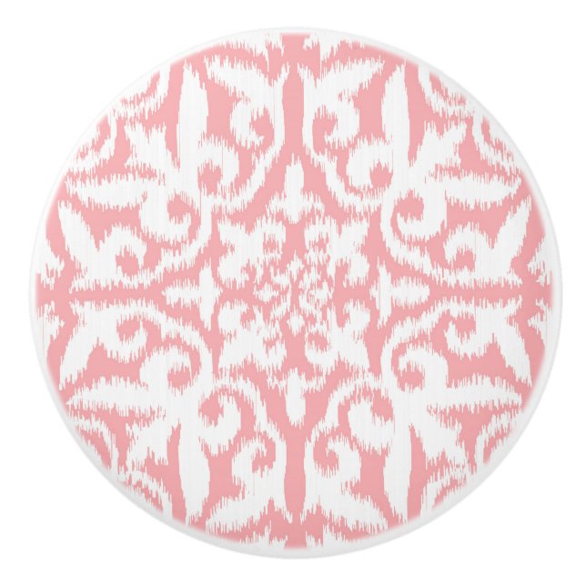 Ikat damask pattern - shell pink and white ceramic knob (Front)