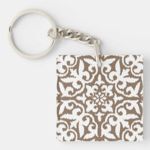 Ikat damask pattern - Taupe Tan and White Key Ring