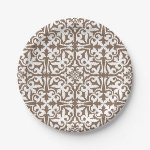 Ikat damask pattern - Taupe Tan and White Paper Plate