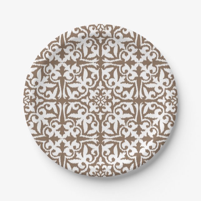 Ikat damask pattern - Taupe Tan and White Paper Plate (Front)