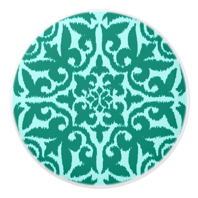 Ikat damask pattern - Turquoise and Aqua Ceramic Knob (Front)