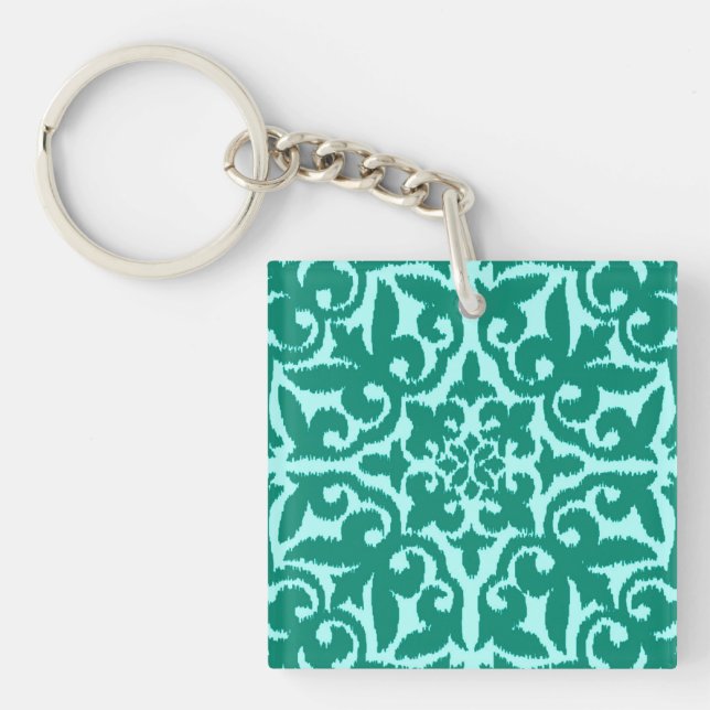 Ikat damask pattern - Turquoise and Aqua Key Ring (Front)
