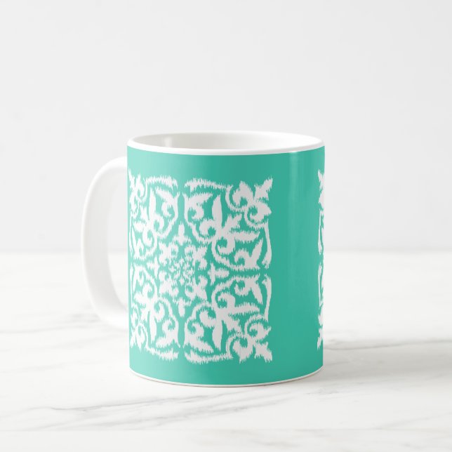 Ikat damask pattern - turquoise and white coffee mug (Front Left)