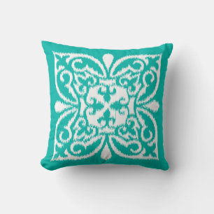 Ikat damask pattern - turquoise and white cushion
