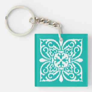 Ikat damask pattern - turquoise and white key ring