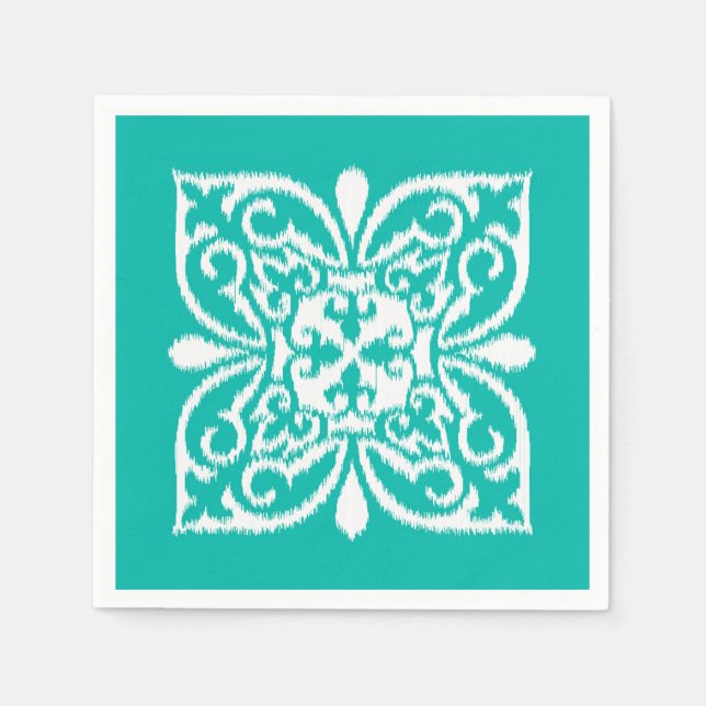 Ikat damask pattern - turquoise and white napkin (Front)