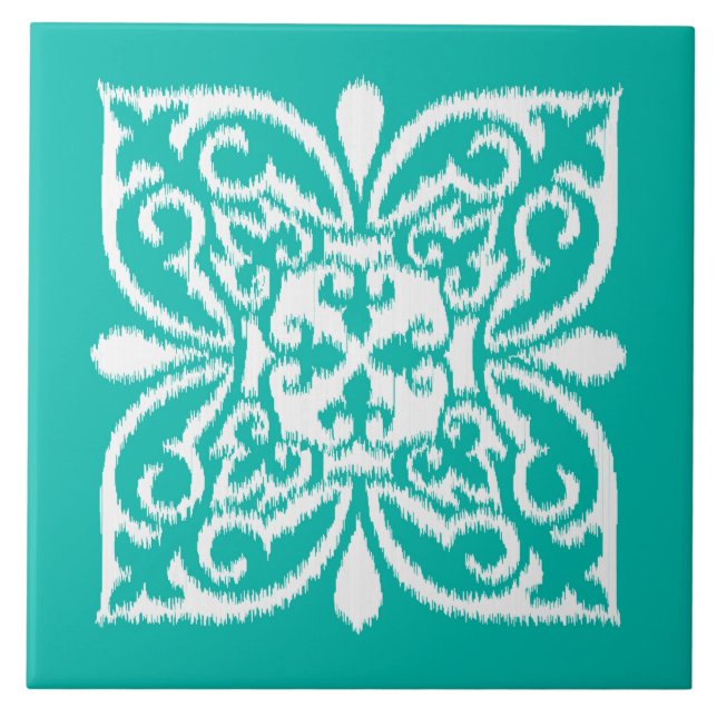 Ikat damask pattern - turquoise and white tile (Front)