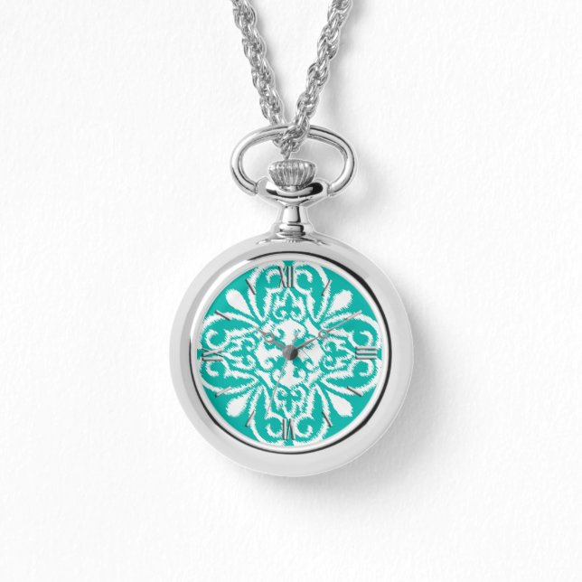 Ikat damask pattern - turquoise and white watch (Front)