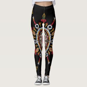 Ikat Damask Red Green Vintage Leggings