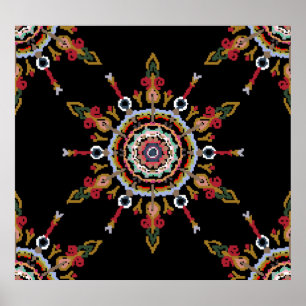 Ikat Damask Red Green Vintage Poster